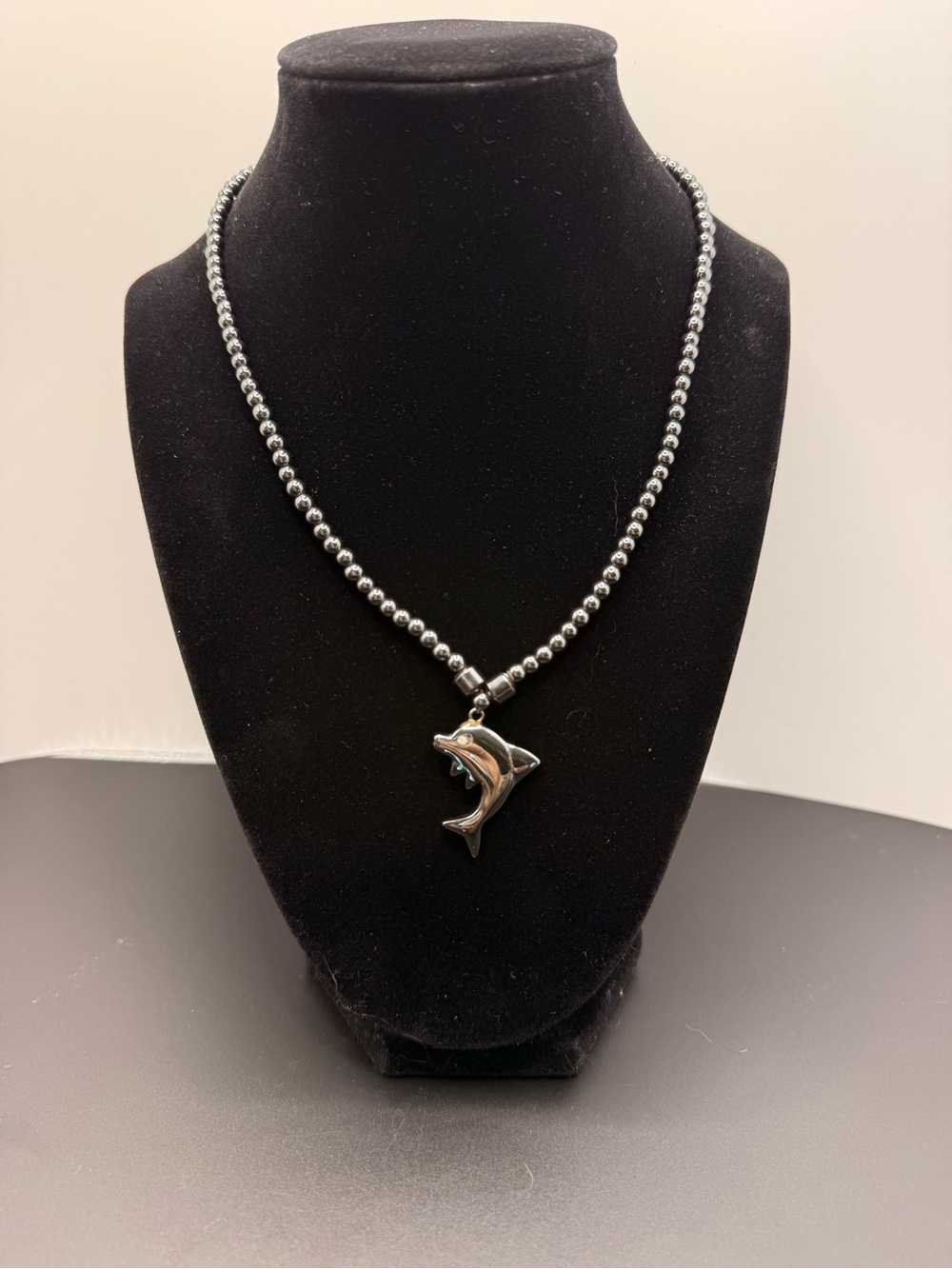 Hematite Dolphin Pendant Necklace 14” Long crystal eye